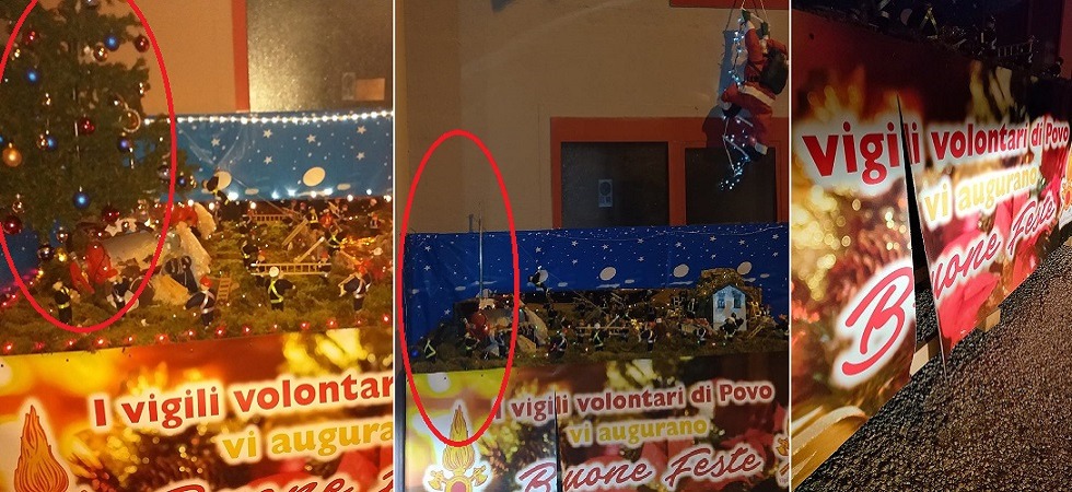 I vandali del Natale ancora in azione: rubato l'albero e rovinato il presepe dei pompieri a Povo